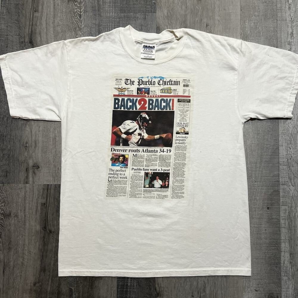 VTG Denver Broncos 1999 Newspaper Print Back To Back Champions NFL T Shirt White